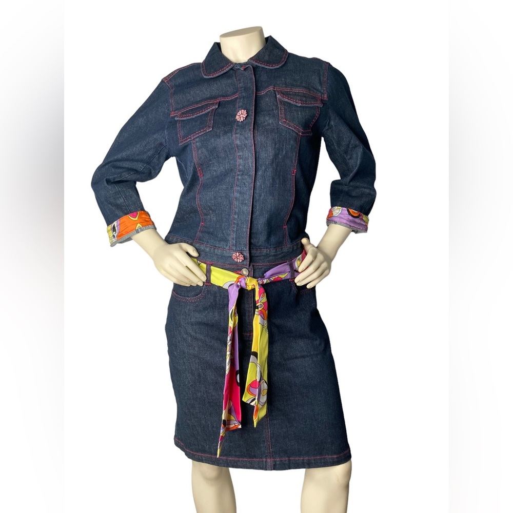 CAMBRIDGE DRY GOODS CO. Denim Blue Jean Jacket w/Pink Stitching/Colorful Cuffs
